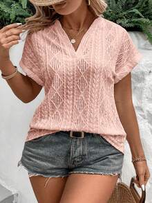EMERY ROSE Plus Size Women Casual Retro Pink Jacquard Textured Knit T-Shirt - Baby Pink - View 3