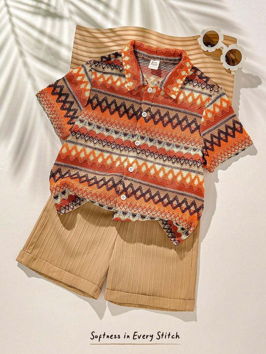 Cozy Pixies 2 piezas Conjunto de camisa de punto de manga corta con cuello redondo suave y pantalones cortos con puños de color contrastante, estilo universitario casual para niños pequeños, adecuado para primavera/verano, uso diario, escuela, viajes, vacaciones, fiestas - Multicolor - Ver 1