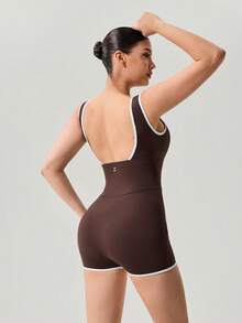 OutZeal Women Sports Jumpsuits Workout Gym Cycling Quick Drying Bra-In Square Neck - Coffee Brown - View 9
