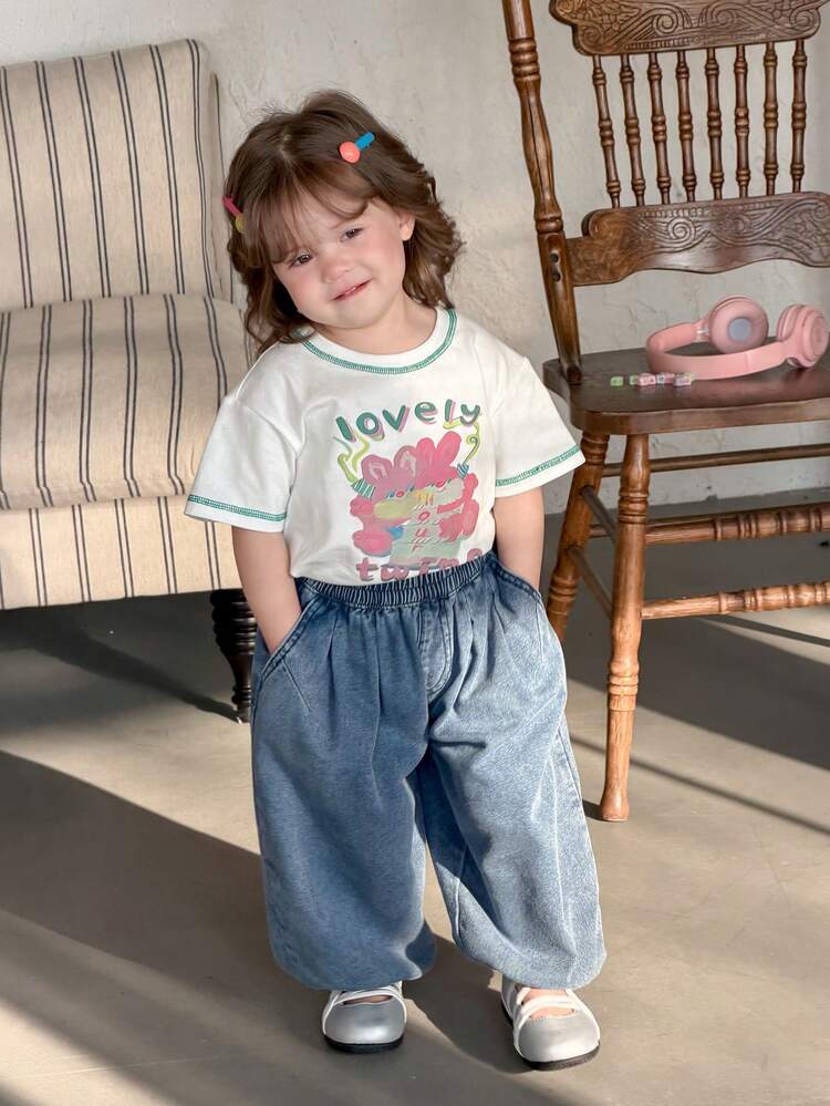 Baby Girl Cute Letter Print Round Neck Short Sleeve Top Summer