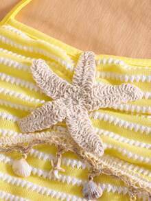 Girls' Vacation Style Spaghetti Strap Neck Tie Dress With Starfish & Shell Woven Trim, Layered Skirt, Casual - Yellow - View 6
