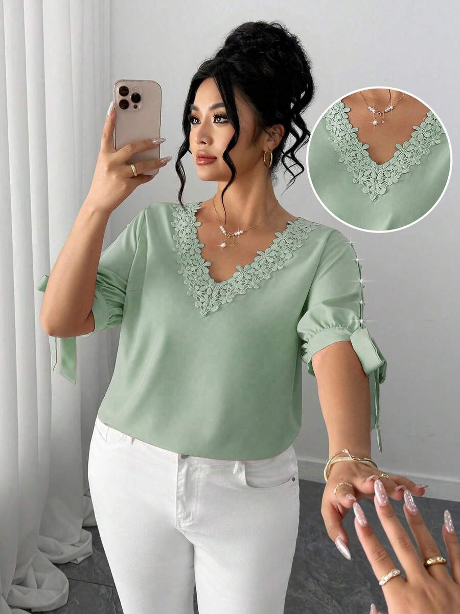 Elenzga Áo kiểu nữ cỡ lớn thanh lịch, trễ vai, cổ tròn, tay lửng, bèo nhún, buộc dây, đính ngọc trai. - màu xanh lá - Xem 1