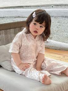 Pyjamasset med kortärmad topp och byxor för babyflickor - Beige - Visa 9