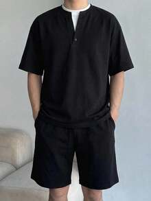 DAZY Herren Kurzarm T-Shirt und Shorts Set, schwarz-weiß Patchwork, Sommer - Schwarz - Übersicht 6