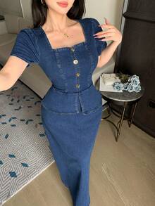 DAZY Women's Elegant Fitted Short Sleeve Top And Long Skirt Denim Suit, Spring & Summer - Blue - View 11