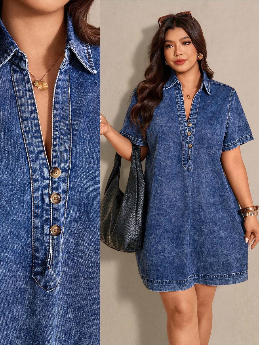 Elaquor Vestido casual de mujer talla grande de cuello en V, manga corta, holgado, de mezclilla, para vacaciones y uso diario - Azul lavado oscuro - Ver 1
