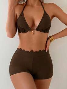 SHEIN Swim 女士黑色纯色尼龙面料挂脖式简约度假风泳装套装 - 棕色 - 查看 1