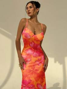 Aloruh 夏季度假吊带系带紧身性感橙色涂鸦印花连衣裙，适合夏季、海滩、夏威夷风情碎花等场合，也适合海滩、音乐节等场合。 - 橘色 - 查看 10