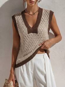SHEIN Women Summer Beige Knit Vest,V-Neck Sleeveless Openwork Two-Tone Polka Dot Eyelet Pattern,Casual Autumn ,Ribbed Hem Retro Layering Style Occasion - Khaki - View 3