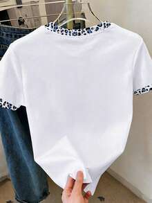 EMERY ROSE Women's T-Shirt,Leopard Print Contrast Trim Round Neck Loose Heart & Letter Pattern,Blue And White,Summer,Smart Casual,Everyday Casual Knit Top - Multicolor - View 2