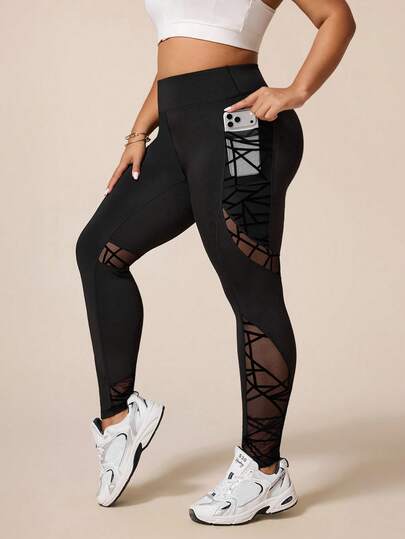 SHEIN Rhythm Era Plus Size Women Mesh Patchwork Fitted Yoga Leggings