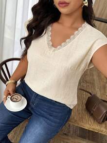 Weeklong Apricot Cotton Linen Lace Splice Collar Short Sleeve Shirt Comfortable Cotton Linen Pastoral Style Casual Vacation Spring Summer Plus Size Shirt - Light Yellow - View 5