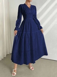 Modelyn Đầm dài thanh lịch màu trơn cổ chữ V tay raglan thắt eo dành cho nữ - Xanh đậm - Xem 8
