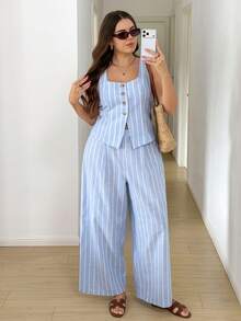Easowa Curve Bộ đồ hai mảnh kẻ sọc cỡ lớn gồm áo một hàng cúc và quần ống rộng, kiểu dáng thường ngày, thích hợp cho nữ công sở, có thể phối hợp với các thương hiệu khác. - Xanh và trắng - Xem 3