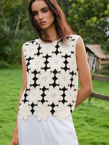 Gaivellea Blusa recta de punto sin mangas con diseño de contraste blanco y negro de estilo retro Mori, hecha a mano con tejido de ganchillo - Blanco y Negro - Ver 5