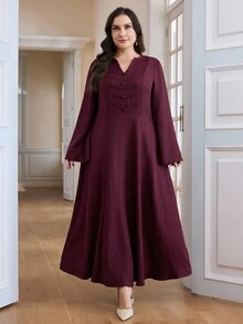 Al Najma 大码女式优雅纯色喇叭袖阿拉伯风格连衣裙 - 酒紅色 - 查看 5