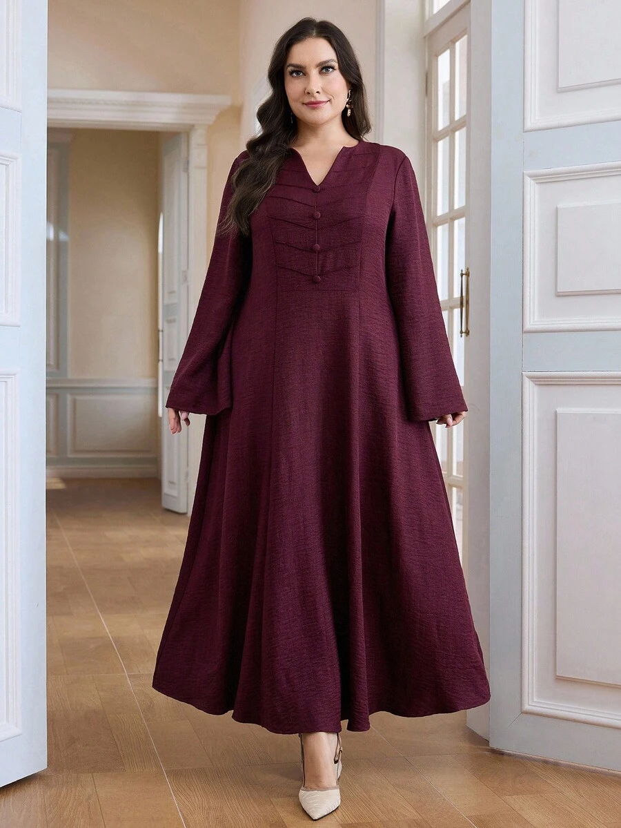 Al Najma Plus Size Women Elegant Modest Ninang Solid Color Bell Sleeve Arabic Style Dress Christening Guest Wedding Burgundy Summer