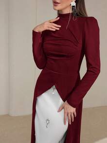 Modelyn 女式纯色立领长袖褶皱开衩下摆连衣裙长款晚礼服 - 酒紅色 - 查看 3