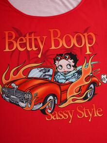 Betty Boop x SHEIN Áo thun nữ tay ngắn dáng rộng, thoải mái, đa năng. - Đỏ - Xem 9