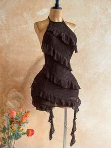 Soleia Women's Solid Color Ruffle Neck Sleeveless Fitted Mini Dress, Summer,Summer Dresses For Women,Party Dresses For Women - Brown - View 5
