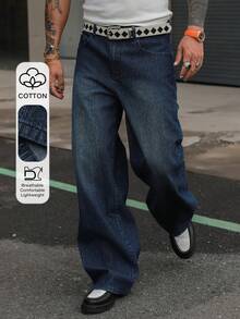 DAZY Pantalones vaqueros de hombre con cintura elástica, textura de tela a rayas, color azul marino - Azul Marino - Ver 1