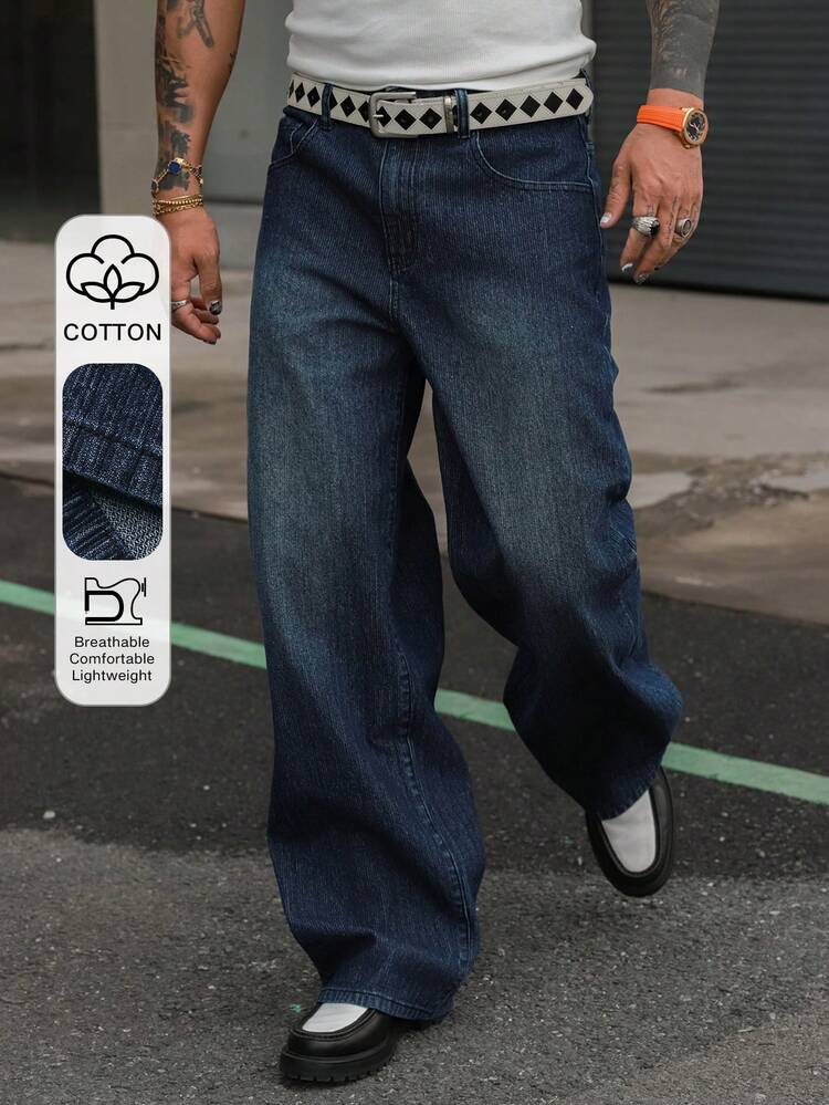 Spring Striped Textured Fabric Navy Blue Elastic Waist Men's Jeans