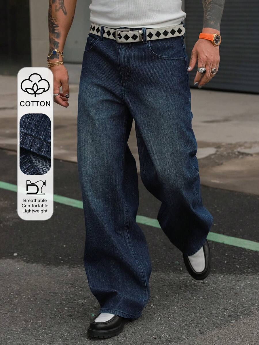 DAZY Pantalones vaqueros de hombre con cintura elástica, textura de tela a rayas, color azul marino - Azul Marino - Ver 1