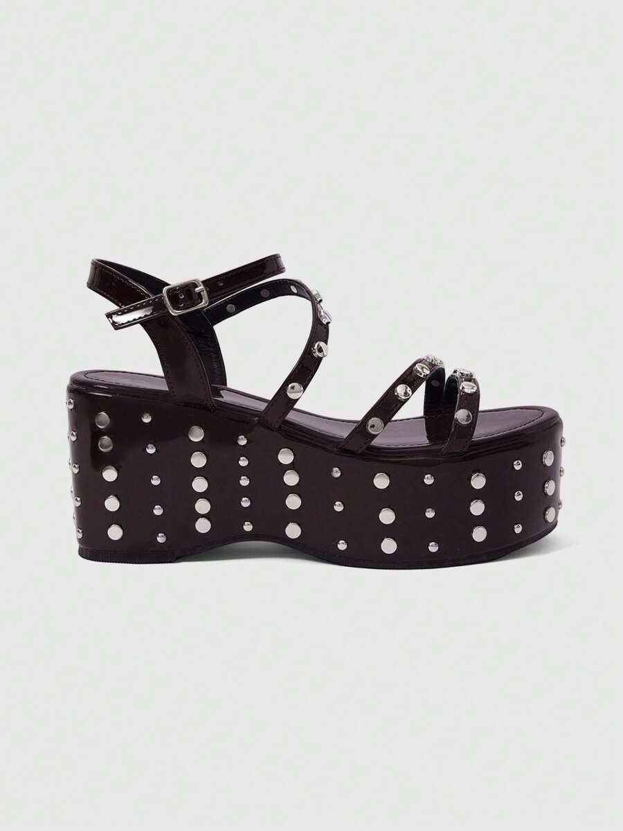 ROMWE Grunge Punk Giày sandal đế cao, gót đính kim tuyến, khóa cài nhọn dành cho nữ. - Màu Đỏ Sâu - Xem 1