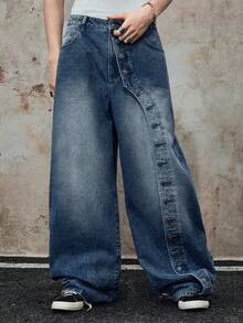 ROMWE MEN Street Life 男士结构化弧形刀刃直筒蓝色牛仔裤 - 藍色 - 查看 4