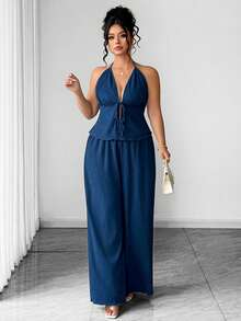 Elenzga Plus Size Women's Knit Minimalist Fashion Vacation Style Sexy Halter Deep V Tie Waist Ruffle Hem Top And Wide Leg Pants 2-Piece Set - Teal Blue - View 5