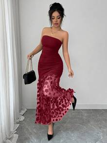 SHEIN Franclia Elegant Luxury Floral Contrast Mesh Ruffle Cinched Waist Strapless Solid Color Sexy Evening Gown For Women - Burgundy - View 4