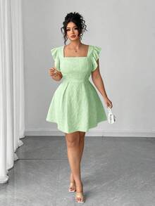 Elenzga Đầm xòe tay bèo nhún Jacquard màu trơn phong cách nghỉ dưỡng thanh lịch cỡ lớn cho nữ, mùa hè - Màu xanh Bạc hà - Xem 4