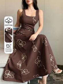 DAZY Đầm denim cổ vuông không tay in hoa thanh lịch dành cho nữ, thích hợp cho mùa hè. - màu nâu - Xem 1