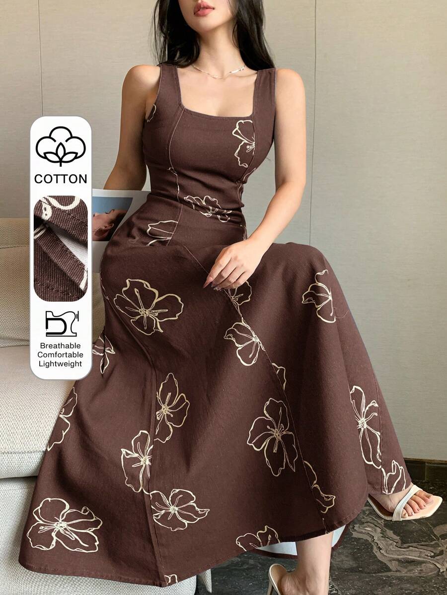 DAZY Đầm denim cổ vuông không tay in hoa thanh lịch dành cho nữ, thích hợp cho mùa hè. - màu nâu - Xem 1