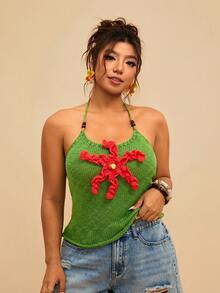 Travachic Green Summer Boho Vacation Holiday Plus Size Women's 3D Floral Crochet Halter Top,Hollow-Out Knit Camisole,Beach Island Fashionable Sweater - Green - View 10