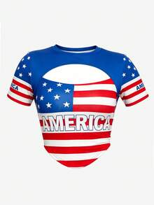 Gowayae American Flag Print 2 In 1 Top, Sexy Hollow Asymmetrical Hem Short Sleeve T-Shirt - Multicolor - View 7