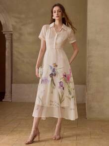 MOTF PREMIUM WOMEN'S ELEGANT PLACEMENT PRINT MID-LENGTH DRESS, SPRING/SUMMER - Multicolor - View 5
