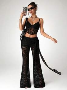 SHEIN ICON Quần ống loe rộng, chất liệu ren mỏng, màu trơn dành cho nữ. - màu đen - Xem 4