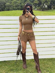 SHEIN EZwear Bộ đồ mặc nhà dệt kim màu kaki thoải mái dành cho nữ - Màu Khaki - Xem 6