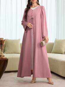 SHEIN Najma Bata suelta con cuello en V, mangas acampanadas y abertura frontal, color rosa, para primavera/verano - Rosa - Ver 9