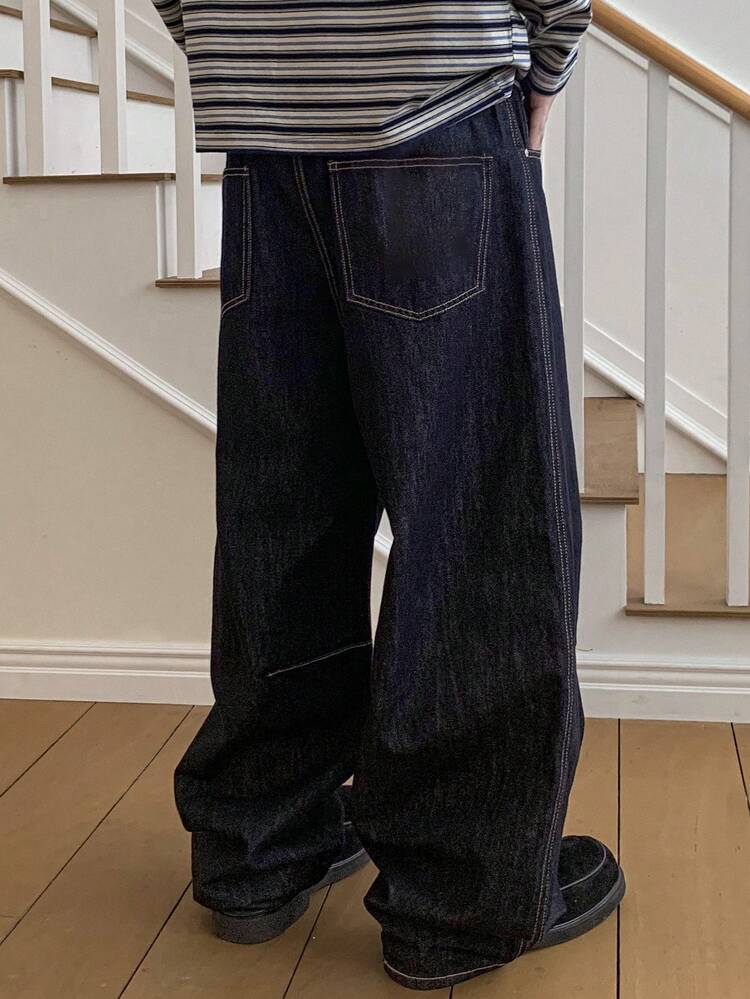 Long Blue Washed Distressed Barrel Leg Jeans, Streetwear Style For Men