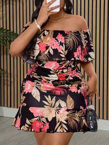 Villa Velisse Plus Size Women's Floral Print Off-Shoulder Dress, Romantic & Fashionable For Dates, Everyday Wear, And Commuting, Spring/Summer - Multicolor - View 1