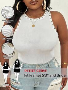 SHEIN PETITE CURVE 大码女式纯色圆领铆钉休闲百搭日常上衣 - 白色 - 查看 9