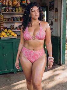 Swim Mod Plus Size Orange Ditsy Floral Bikini 2 Pieces Swimwear Set With Tie - Pink - View 5