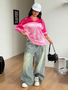 Coolane Women's Plus Size Summer Oversized Inclusive Sizing Beach Breathable Mesh Number Pattern Graphics Baseball Jersey Pink Jersey, Graphic Tee, Casual For Women, Going Out Tops,Holiday - Pink - View 2