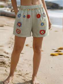 EMERY ROSE Women's European And American Style Pleated Floral Print Loose Casual Shorts, Non-Stretch - Multicolor - View 3