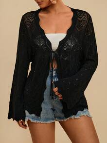Travachic Cardigã feminino plus size com recortes, quimono boêmio leve com amarração frontal. - Preto - Ver 5