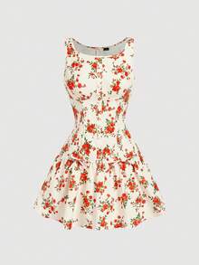Skyraze Floral Print Low Waist Bow Tie Mini Dress - Red - View 3