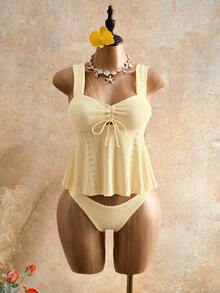 Bellisia Women's Summer Vacation Casual Sexy Beach Golf Wear White Solid Color 2-Piece Bikini Swimwear Set, Textured Fabric Wide Strap - Yellow - View 7