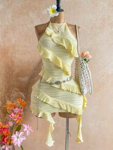 SHEIN WYWH Đầm ngắn nữ mùa hè đi biển, màu trơn, chất liệu vải có họa tiết, nhiều lớp xếp nếp, hở lưng, cổ buộc dây. - Màu vàng - Xem 4